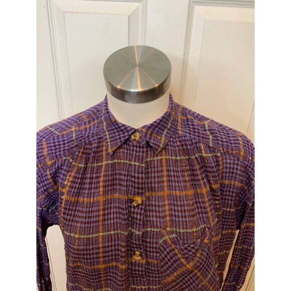 Free People Purple Shimmering Plaid Button Up Shirt, Size XS - Picture 2 of 6